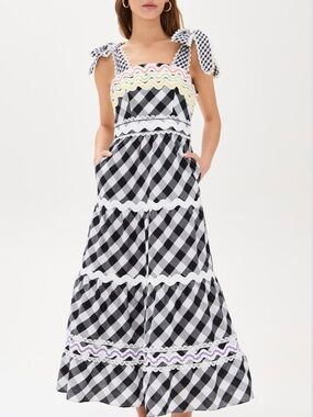 NWT CeliaB Black and White Jade Vichy Gingham Tiered  Dress with Pastel Rickrack